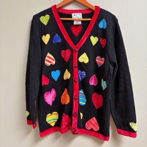 Quacker Factory Womens Hearts Embroidered Beaded Cardigan Size L Artsy Colorful